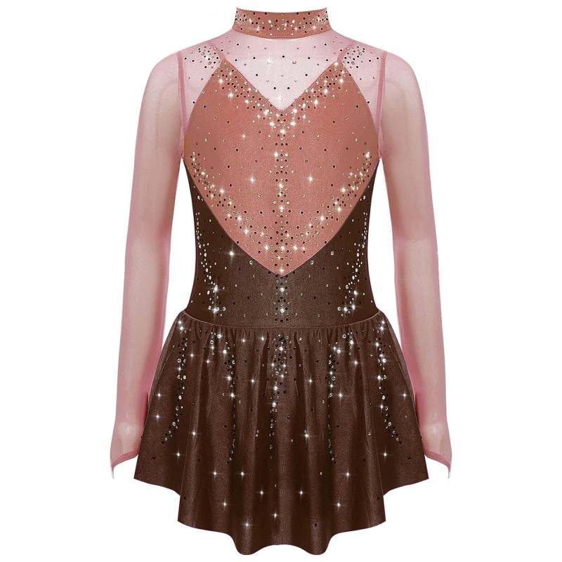 Mädchen Eiskunstlaufkleid Stehkragen Langarm mit Colorblock Transparentem Netz Glänzende Strasssteine Kostüm 13-14 Years braun von Joom DACH