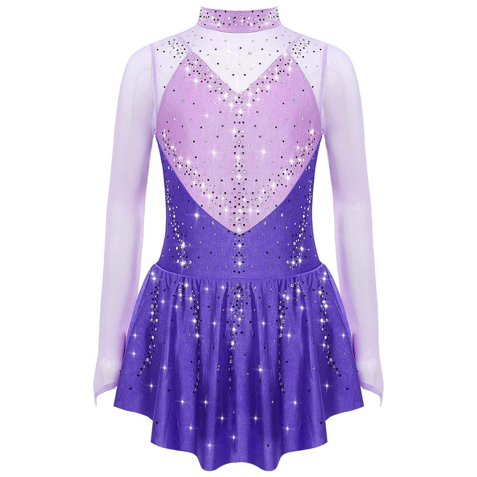 Mädchen Eiskunstlaufkleid Stehkragen Langarm mit Colorblock Transparentem Netz Glänzende Strasssteine Kostüm 5-6 Years violett von Joom DACH