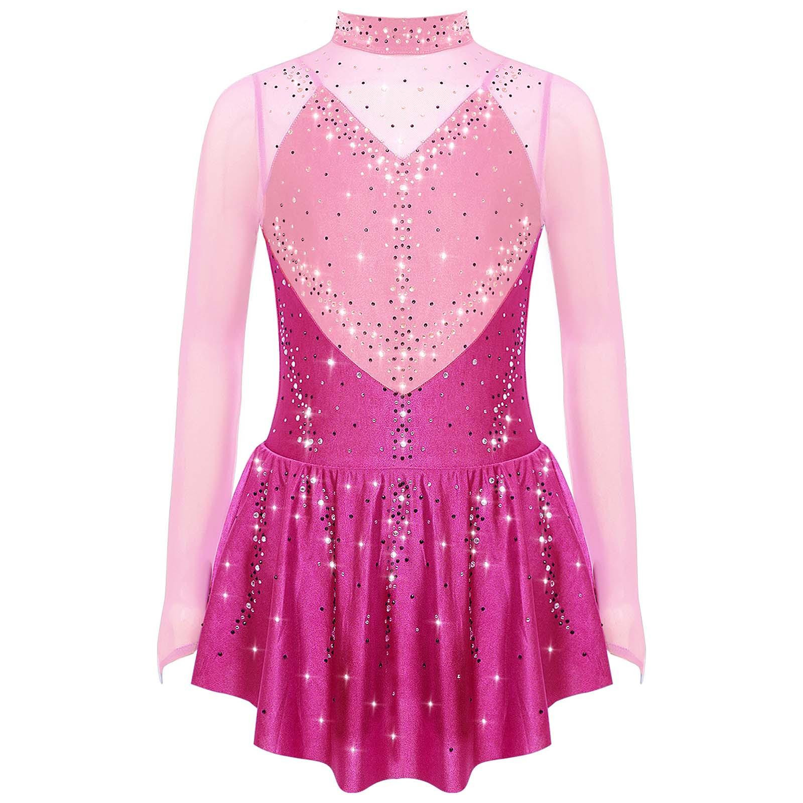 Mädchen Eiskunstlaufkleid Stehkragen Langarm mit Colorblock Transparentem Netz Glänzende Strasssteine Kostüm 5-6 Years heißes rosa von Joom DACH