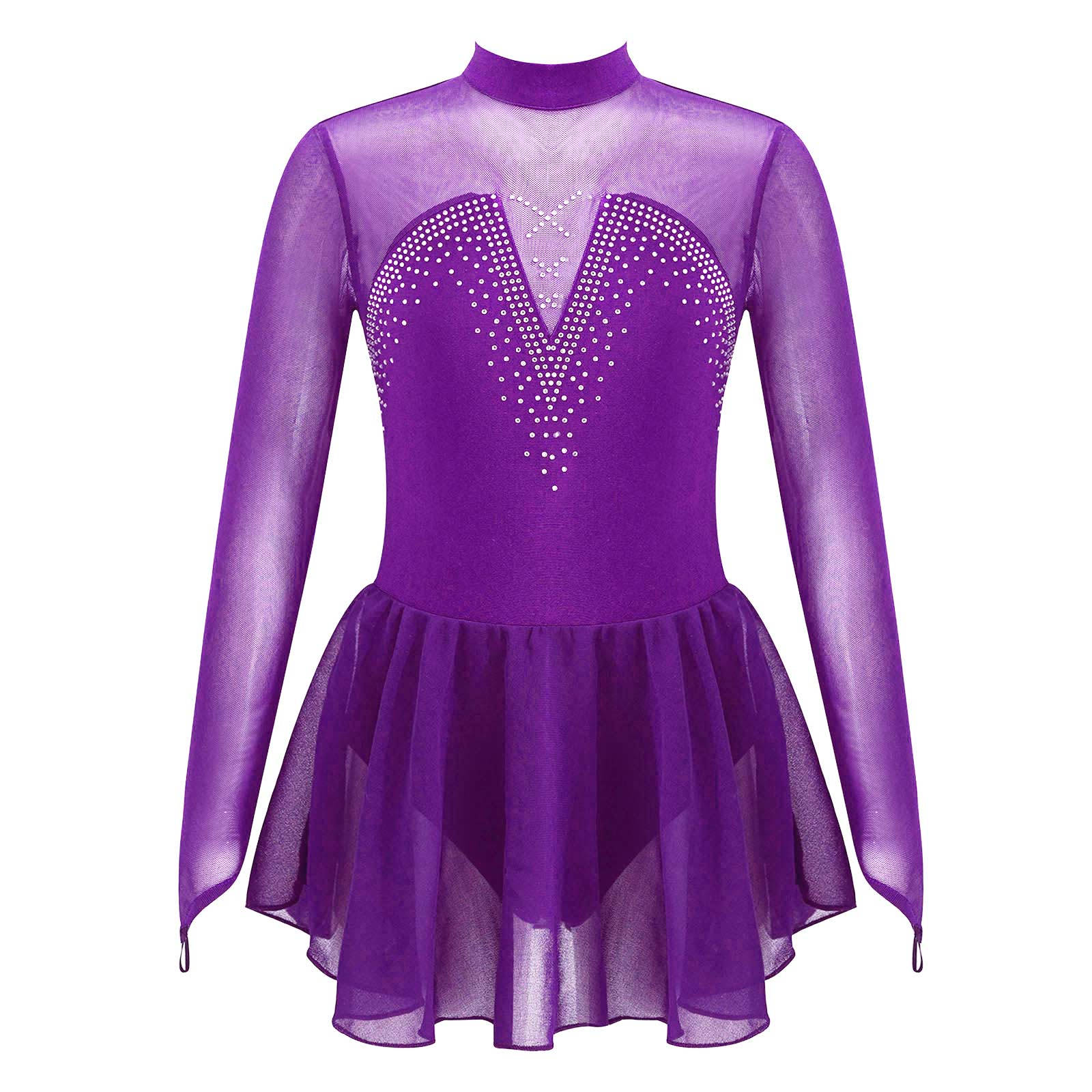 Mädchen Eiskunstlaufkleid mit hohlem Rücken Glitzernde Strasssteine Mesh-Einsatz Langarm Ballett Gymnastik Trikot 9-10 Years violett von Joom DACH