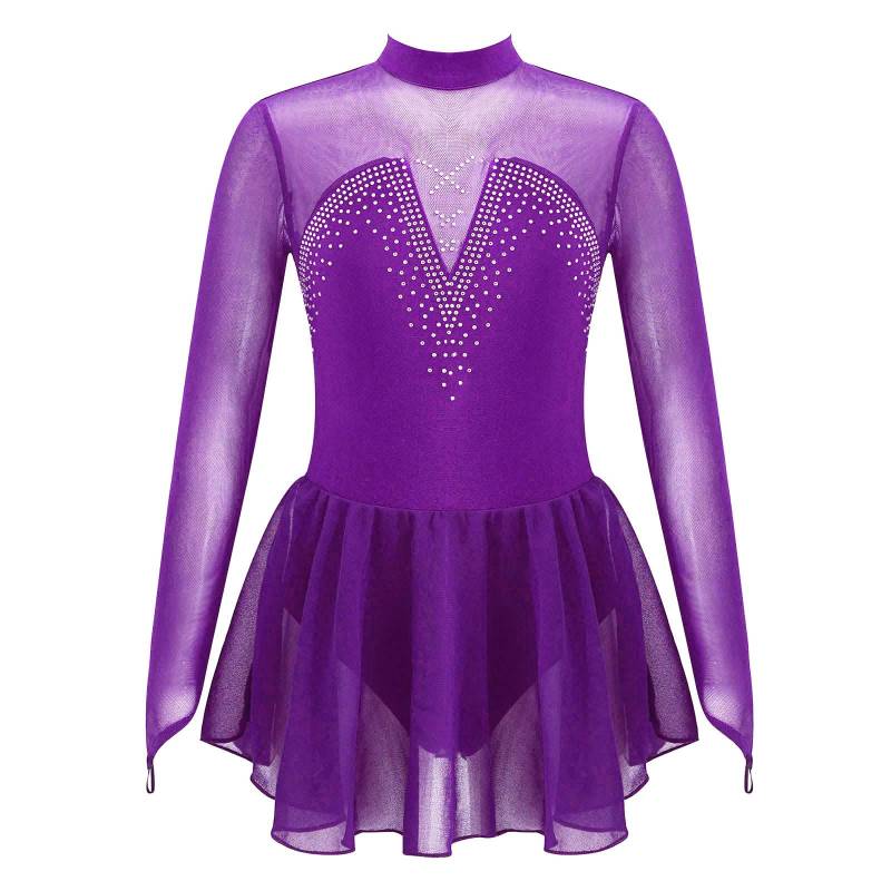 Mädchen Eiskunstlaufkleid mit hohlem Rücken Glitzernde Strasssteine Mesh-Einsatz Langarm Ballett Gymnastik Trikot 9-10 Years violett von Joom DACH