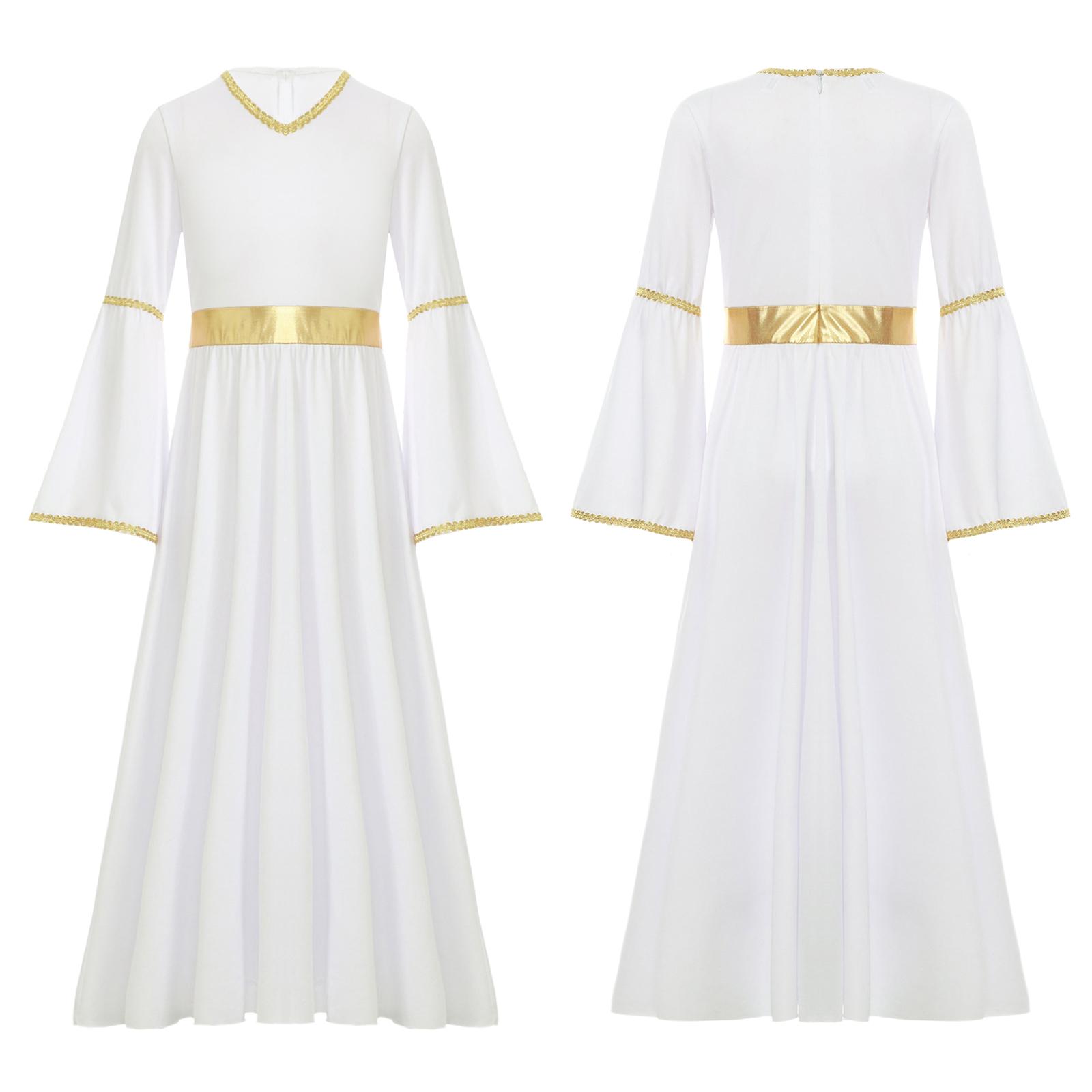 Mädchen Engel Kostüm Langärmeliges Goldbesatz Patchwork Kleid mit Feder-Accessoires für himmlische Cosplay-Auftritte 15-16 Years weiß von Joom DACH
