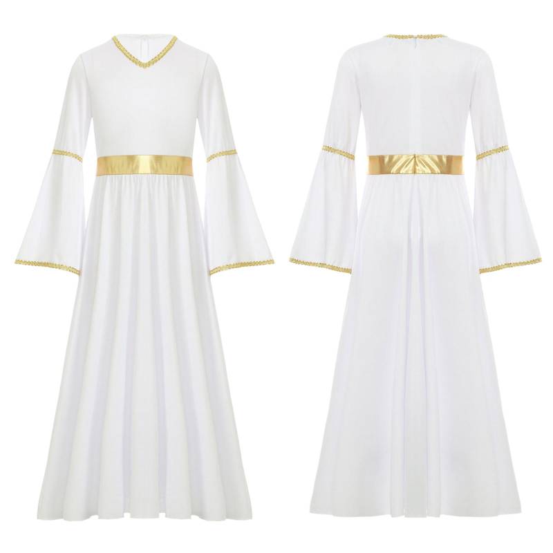 Mädchen Engel Kostüm Langärmeliges Goldbesatz Patchwork Kleid mit Feder-Accessoires für himmlische Cosplay-Auftritte 15-16 Years weiß von Joom DACH