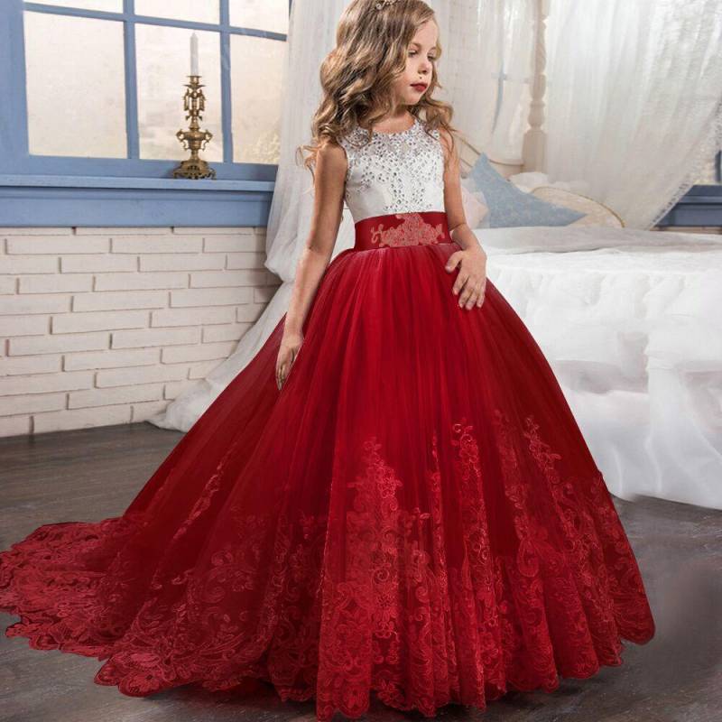 Mädchen Festkleid Lang Brautjungfer Kinderkleid Für Mädchen Teenager Kinder Prinzessin Party Hochzeitskleid Abendspitze Zeremonie Vestidos 130cm rot von Joom DACH