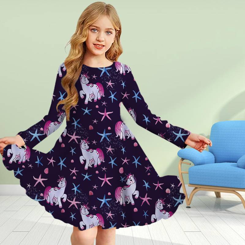 Mädchen Freizeitkleid 3D-Druck Vollbild Einhorn Rundhals Langarm Kleid Kinder Prinzessinnenkleid 120 violett von Joom DACH