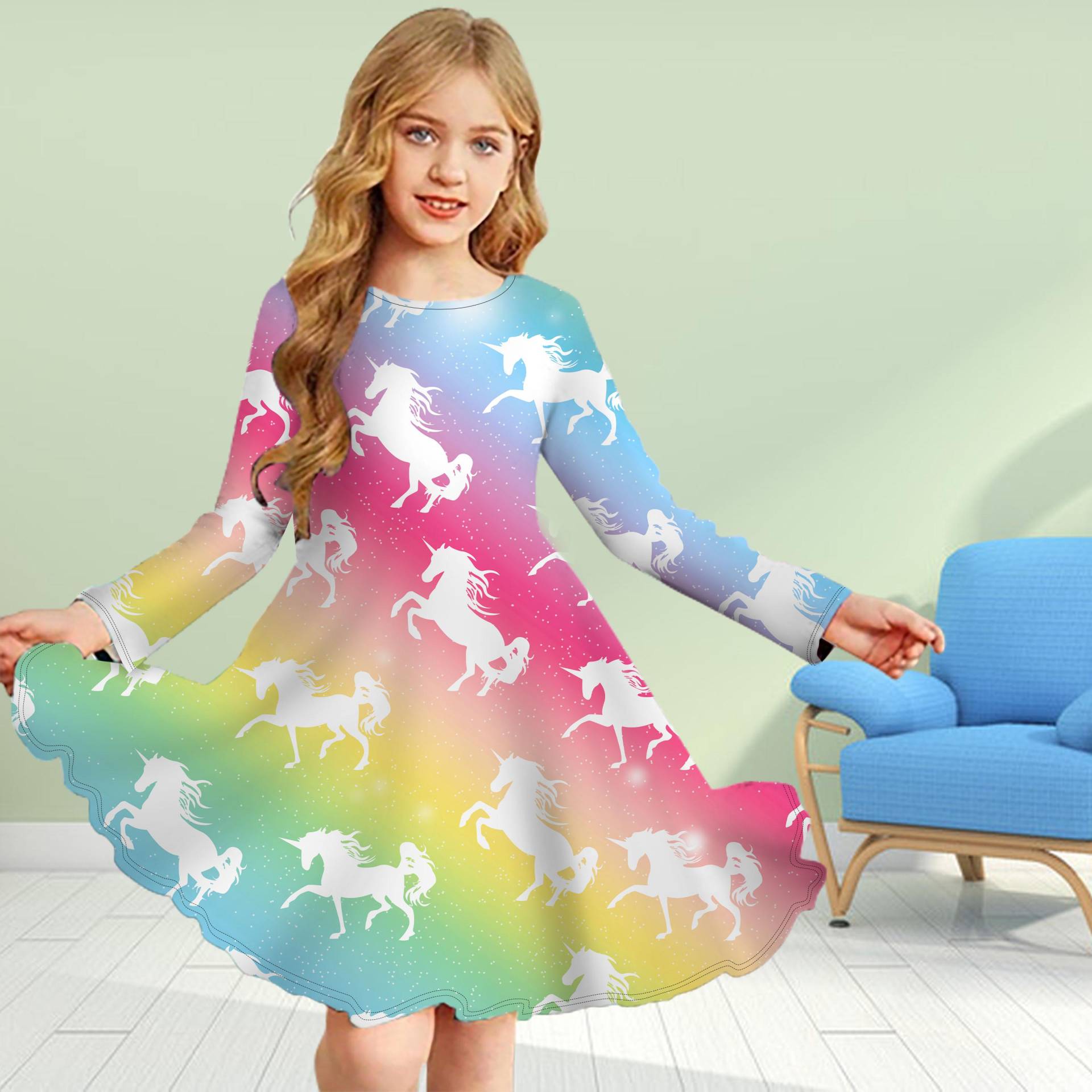Mädchen Freizeitkleid 3D-Druck Vollbild Einhorn Rundhals Langarm Kleid Kinder Prinzessinnenkleid 180 blau von Joom DACH