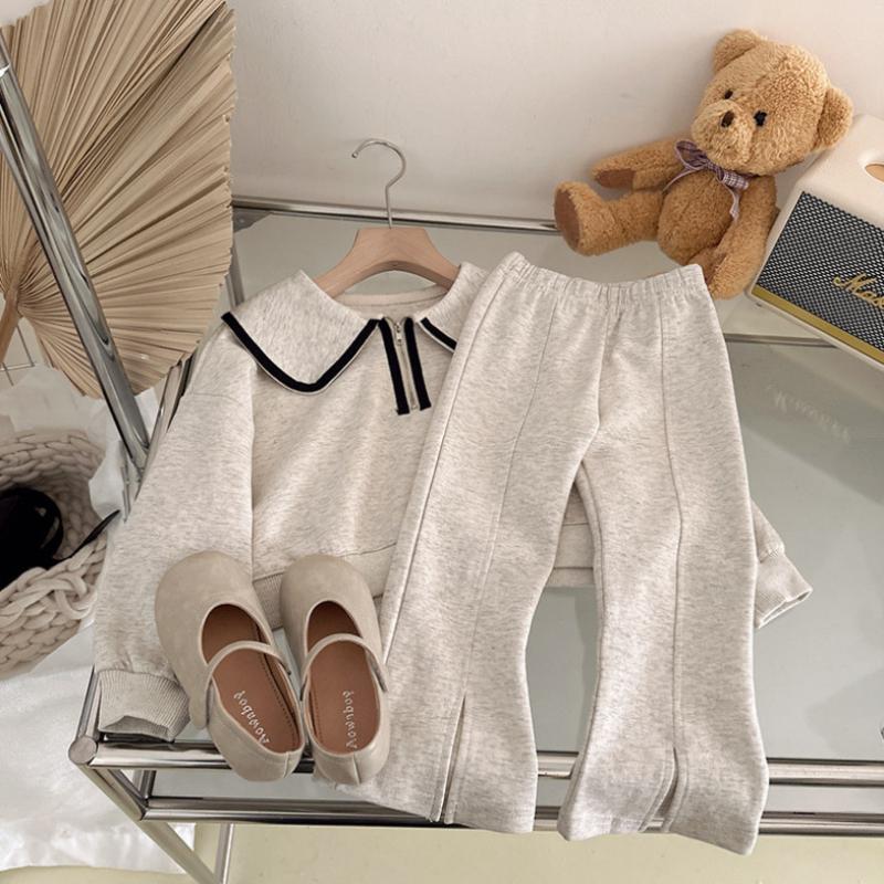 Mädchen Frühling und Herbst Koreanische Casual Fashion Baby Doll Neck Pullover Hosen Casual Zweiteiler Set Outfit 130 grau von Joom DACH