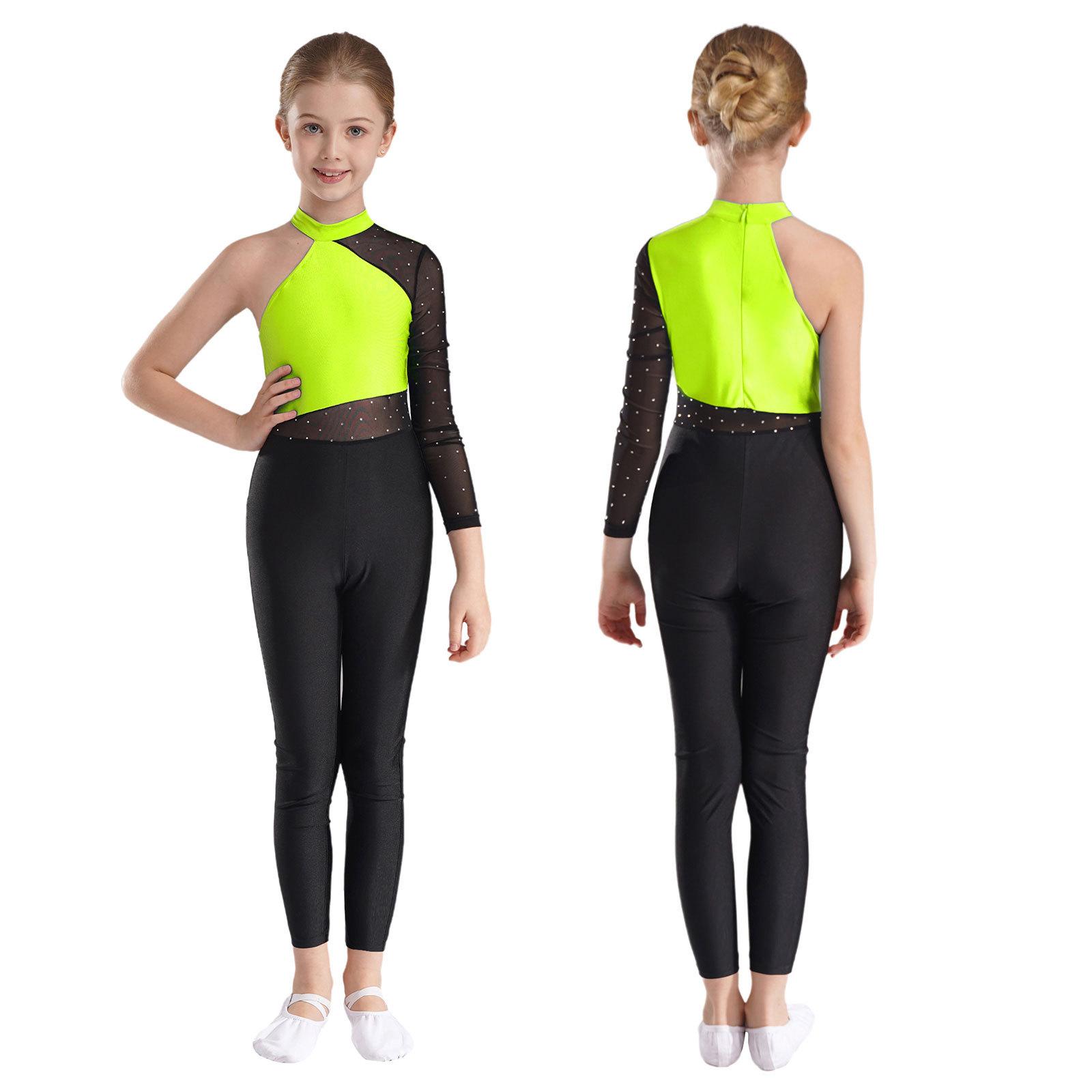 Mädchen Ganzkörper-Overall mit Netzärmeln, Gymnastik-, Ballett- und Modern-Tanz-Uniform, Ganzanzug, Eiskunstlauf-Wettkampfkostüm 5-6 Years fluoreszierende gelbe von Joom DACH