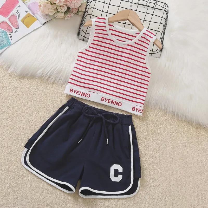 Mädchen Gestreiftes Sommer-Tanktop und Shorts Zweiteiler - Stilvolle und lässige Kinderbekleidung 150 cm rot von Joom DACH
