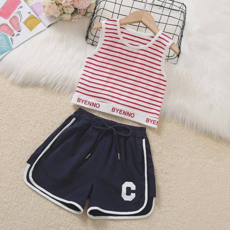 Mädchen Gestreiftes Sommer-Tanktop und Shorts Zweiteiler - Stilvolle und lässige Kinderbekleidung 150 cm rot von Joom DACH