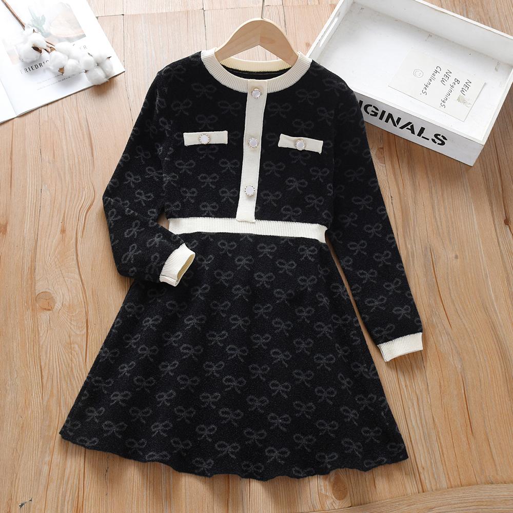 Mädchen Gestrickte Kleider 2024 Neue Pullover Kleid Kinder Mode Kleidung Mit Langen Ärmeln Casual Kleid Kinder Mädchen Prinzessin Kleid 140 schwarz von Joom DACH