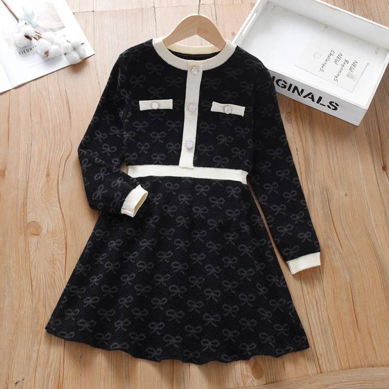 Mädchen Gestrickte Kleider 2024 Neue Pullover Kleid Kinder Mode Kleidung Mit Langen Ärmeln Casual Kleid Kinder Mädchen Prinzessin Kleid 140 schwarz von Joom DACH