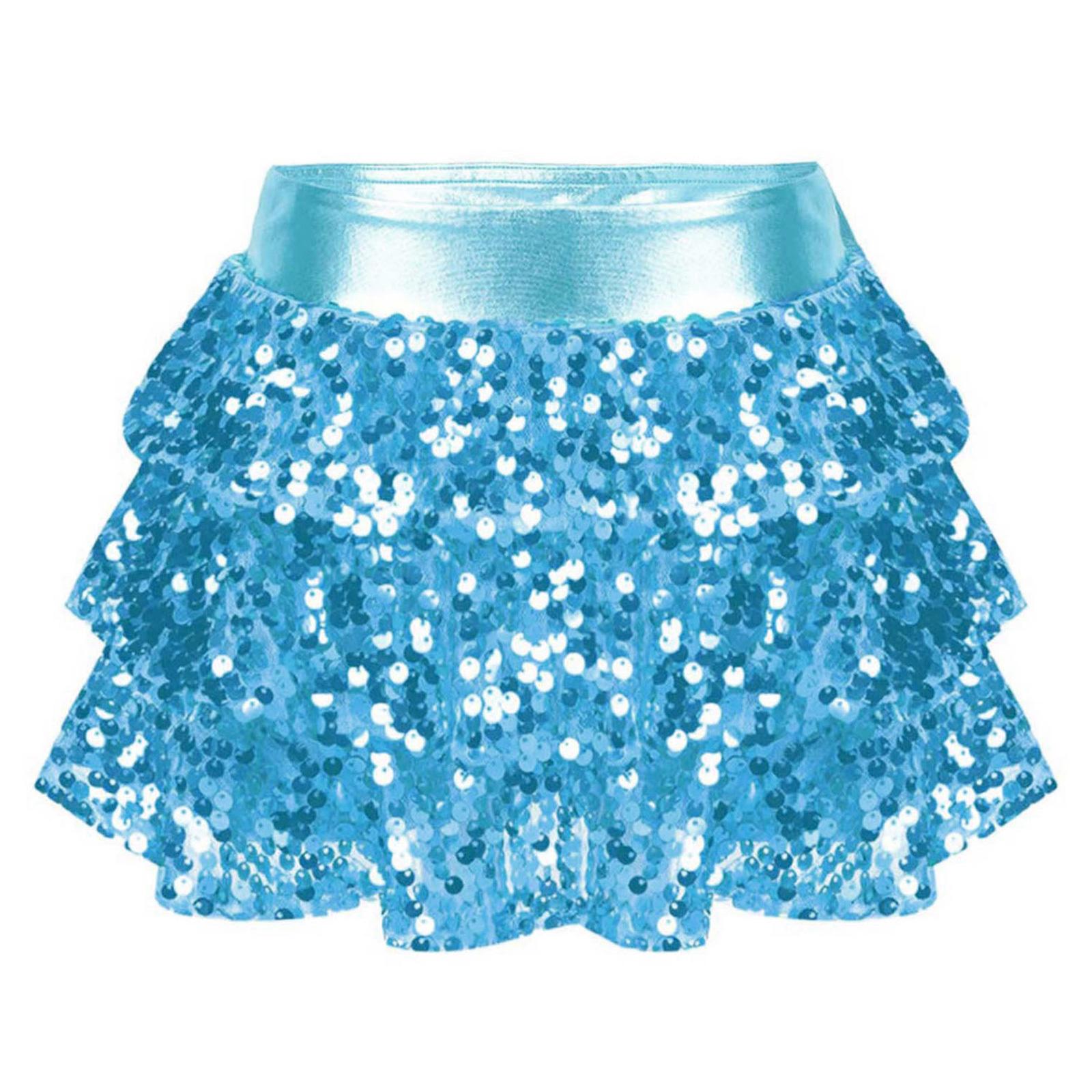 Mädchen Glänzende Pailletten Gestufte Rüschen Shorts Metallic Elastischer Bund Culottes Tanzaufführung Kostüm 11-12 Years hellblaue von Joom DACH