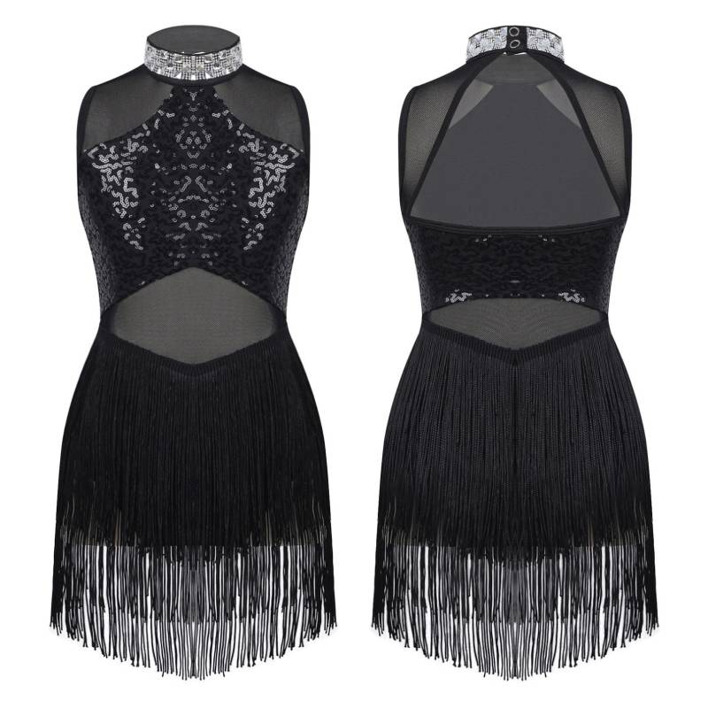 Mädchen Glänzende Strass Pailletten Jazz Dance Kleid Sheer Mesh Quaste Saum Skating Ballett Trikots Kleider Bühne Leistung Dancewear 11-12 Years schwarz von Joom DACH