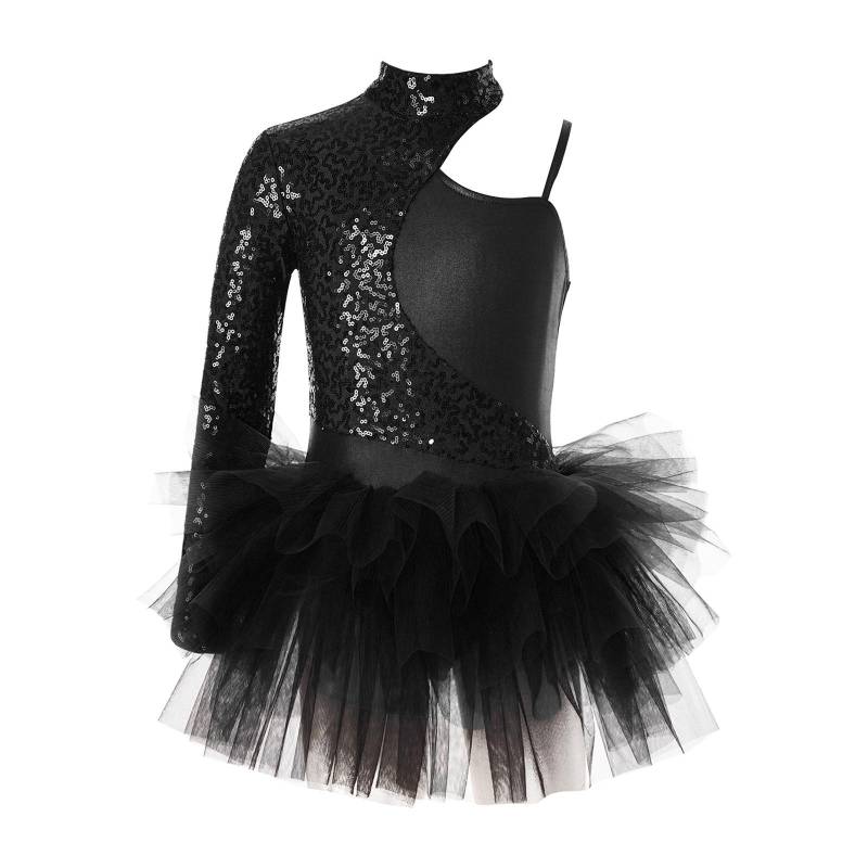 Mädchen Glänzendes Pailletten Tanzkleid Asymmetrische Ärmel Kontrastierender Tüllrock Leotard Bühnenkostüm 11-12 Years schwarz von Joom DACH