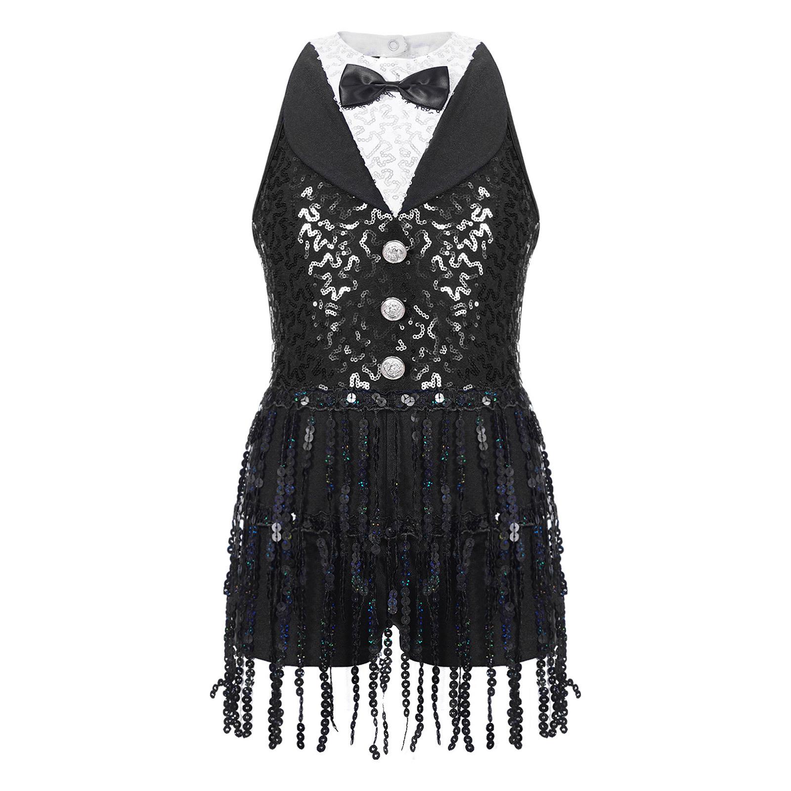 Mädchen Glänzendes Pailletten Tanzoutfit Ärmelloses Design Schlüssellochrücken Hotpants Quastenverzierung Einteilige Tanzbekleidung 5-6 Years schwarz von Joom DACH