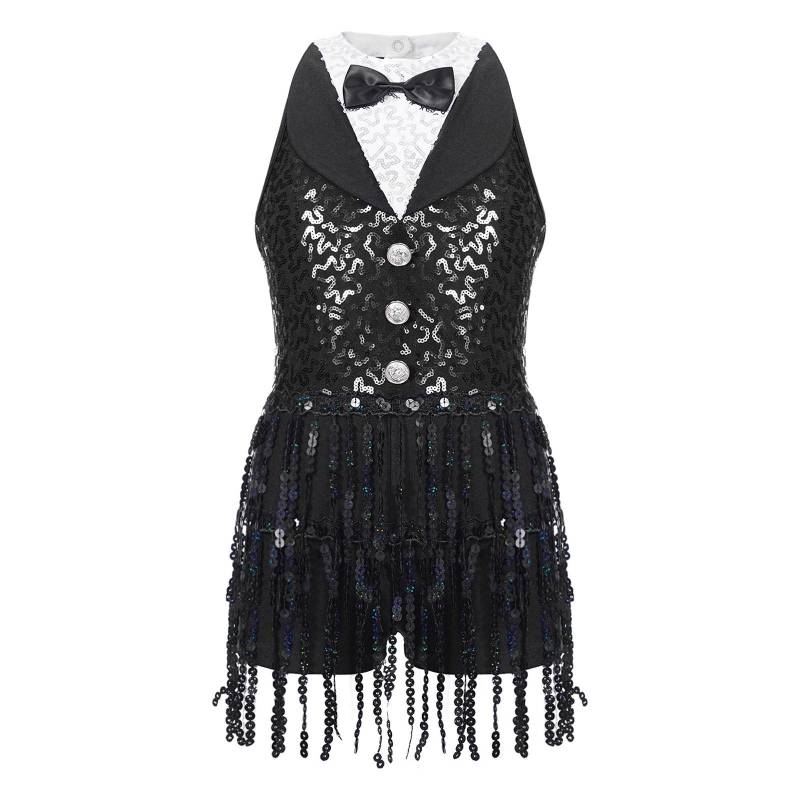 Mädchen Glänzendes Pailletten Tanzoutfit Ärmelloses Design Schlüssellochrücken Hotpants Quastenverzierung Einteilige Tanzbekleidung 5-6 Years schwarz von Joom DACH