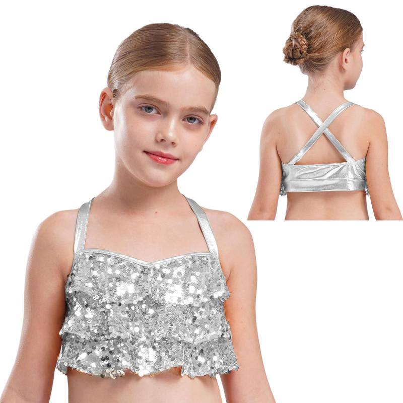 Mädchen Glitzernde Pailletten Crop Top Gestufte Rüschen Gekreuzter Rücken Metallic Camisole für Jazz-Tanzaufführung 15-16 Years silber von Joom DACH