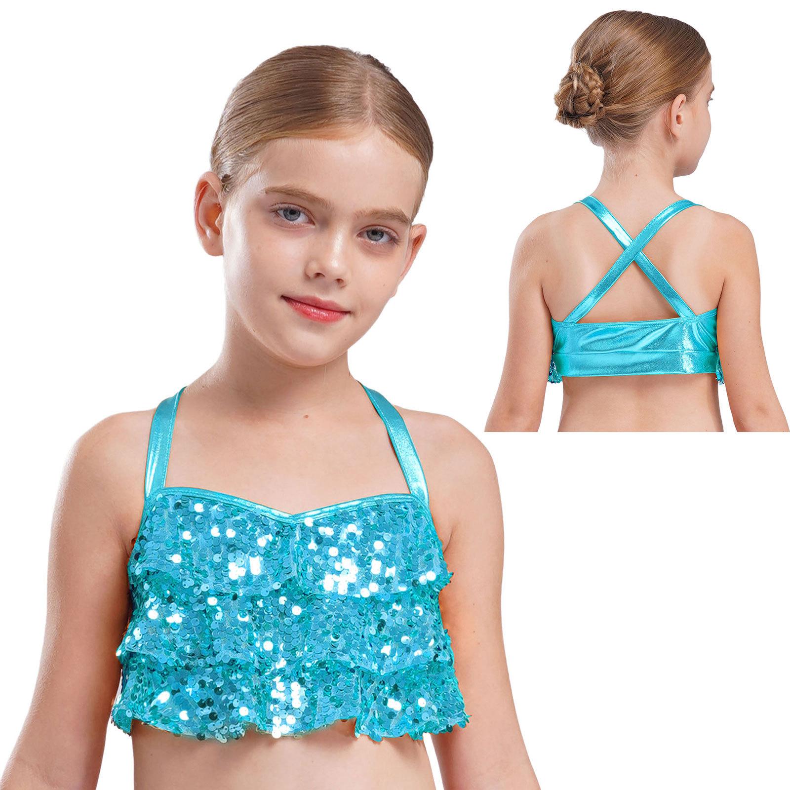 Mädchen Glitzernde Pailletten Crop Top Gestufte Rüschen Gekreuzter Rücken Metallic Camisole für Jazz-Tanzaufführung 7-8 Years von Joom DACH
