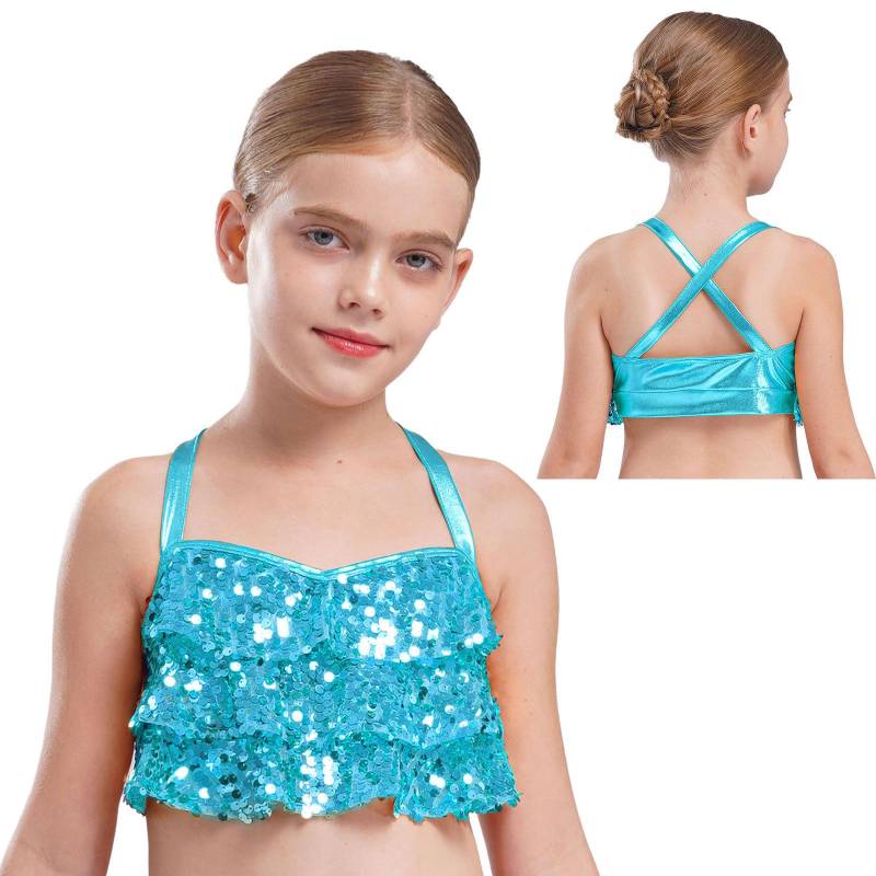 Mädchen Glitzernde Pailletten Crop Top Gestufte Rüschen Gekreuzter Rücken Metallic Camisole für Jazz-Tanzaufführung 7-8 Years von Joom DACH