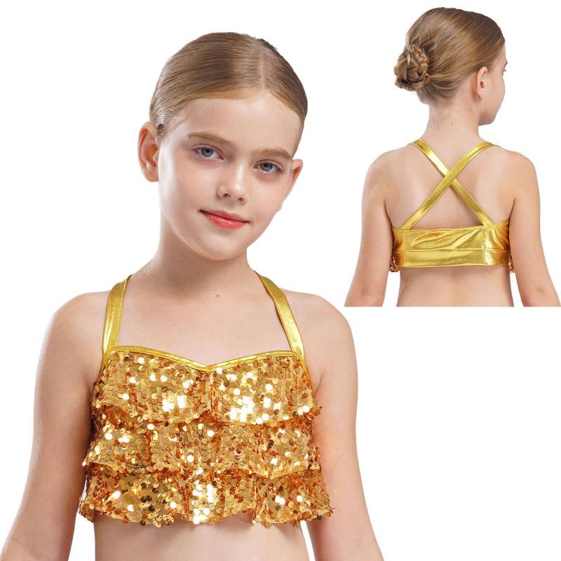 Mädchen Glitzernde Pailletten Crop Top Gestufte Rüschen Gekreuzter Rücken Metallic Camisole für Jazz-Tanzaufführung 7-8 Years gold von Joom DACH