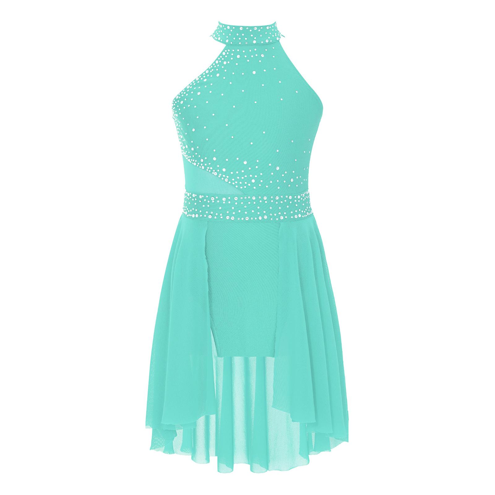 Mädchen Glitzernde Strasssteine Turnanzug Kleid Asymmetrischer Saum Ärmellos Lyrischer Tanz Aufführungskostüm 5-6 Years minze, grüne von Joom DACH