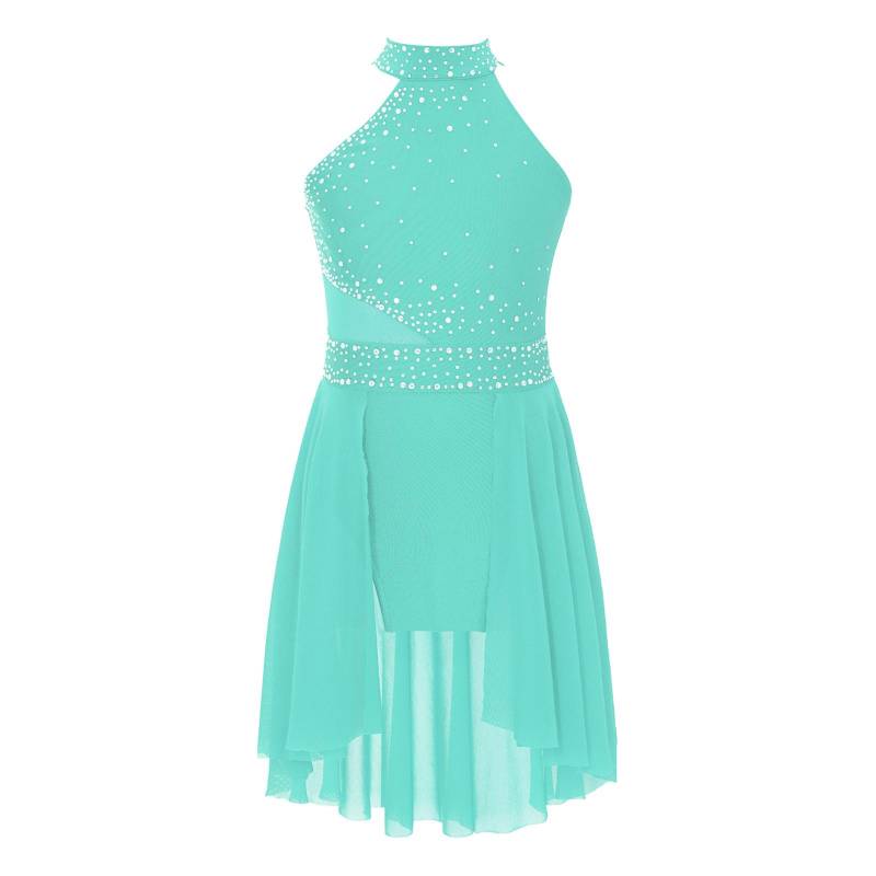 Mädchen Glitzernde Strasssteine Turnanzug Kleid Asymmetrischer Saum Ärmellos Lyrischer Tanz Aufführungskostüm 5-6 Years minze, grüne von Joom DACH