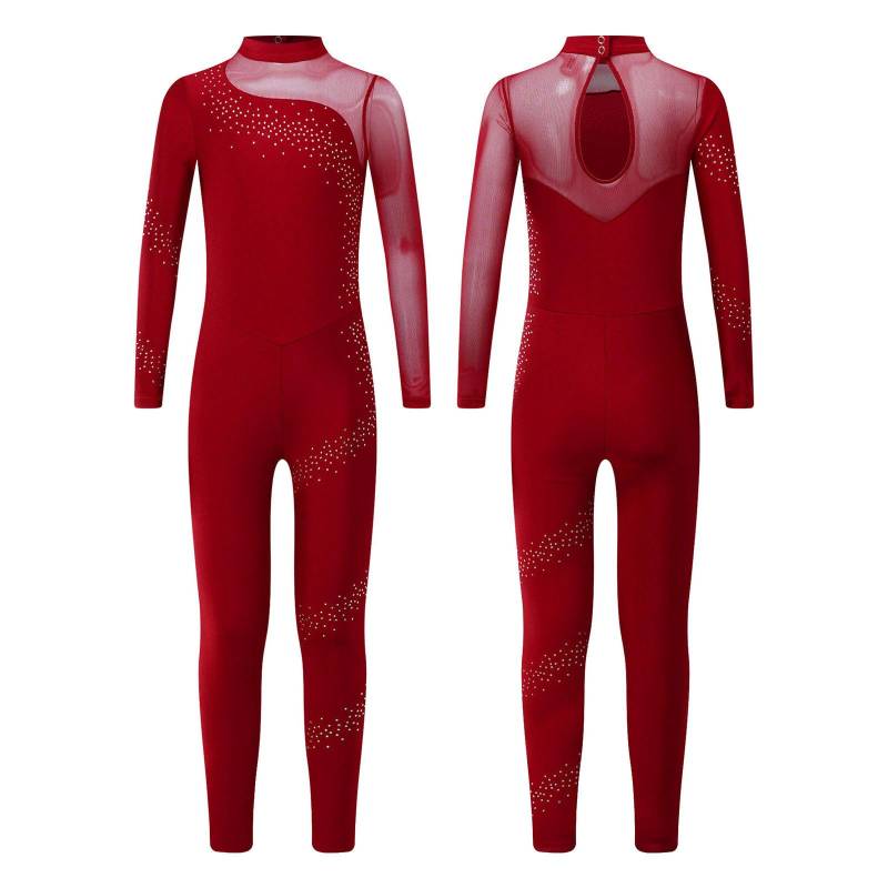 Mädchen Glitzernder Strass Mesh Gymnastik Jumpsuit Langarm Transparentes Patchwork Schlüssellochrücken Eiskunstlauf Tanz Body 11-12 Years bordeaux von Joom DACH