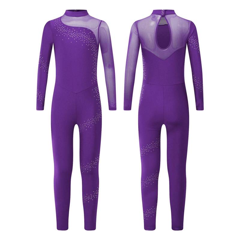 Mädchen Glitzernder Strass Mesh Gymnastik Jumpsuit Langarm Transparentes Patchwork Schlüssellochrücken Eiskunstlauf Tanz Body 11-12 Years violett von Joom DACH