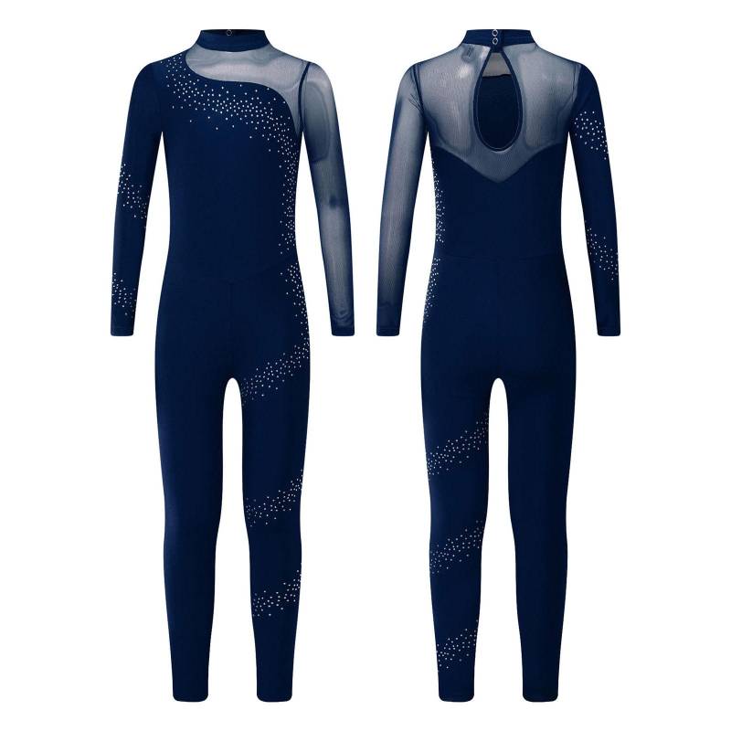 Mädchen Glitzernder Strass Mesh Gymnastik Jumpsuit Langarm Transparentes Patchwork Schlüssellochrücken Eiskunstlauf Tanz Body 13-14 Years navy blau von Joom DACH