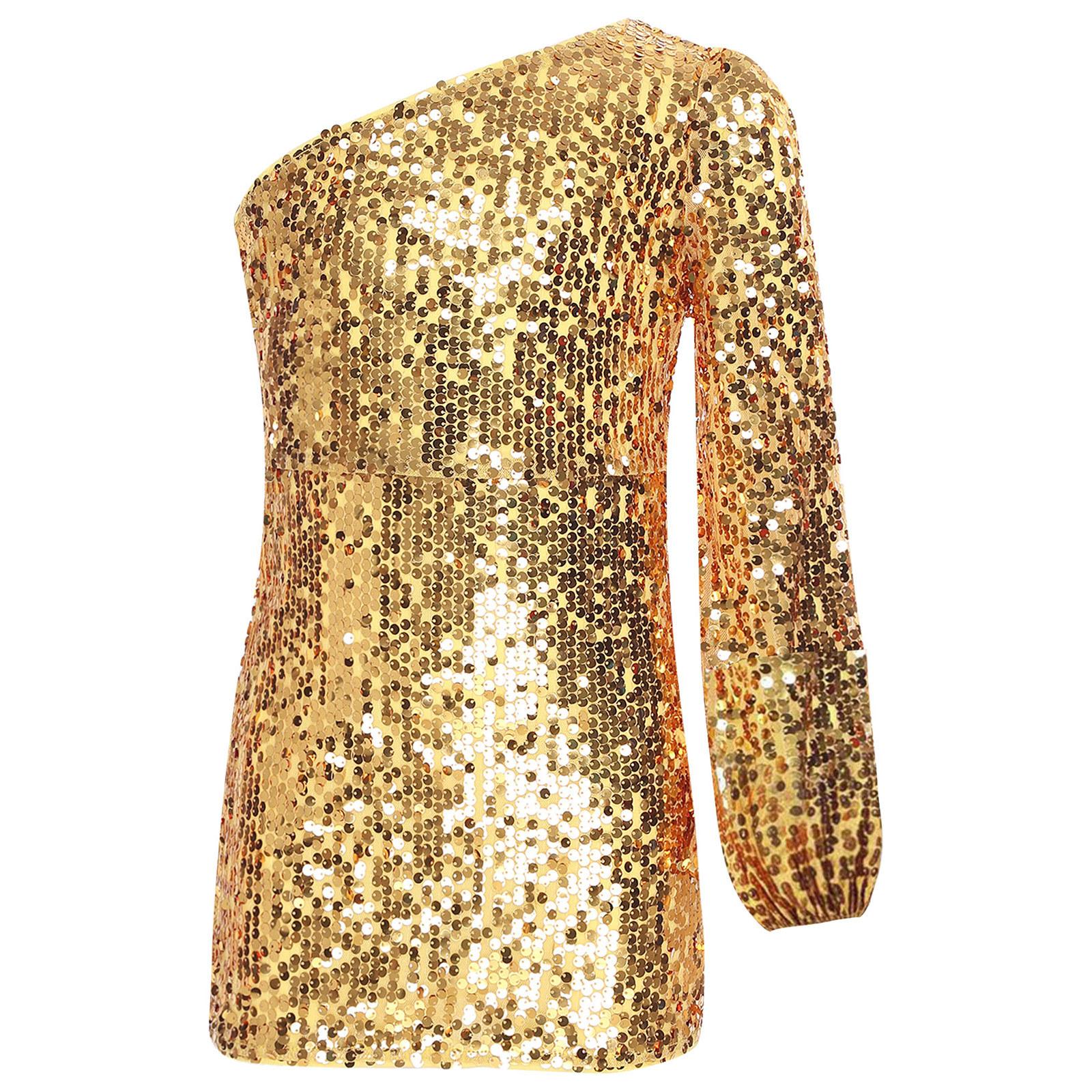 Mädchen Glitzerndes Paillettenkleid Ein Schulter Langarm Über Knie Länge Geburtstag Festzug Hochzeitsfeier Kleid 5-6 Years gold von Joom DACH