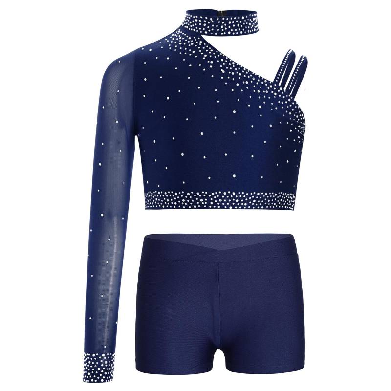 Mädchen Glitzerndes Tanztop Asymmetrisches Schulter Crop Top V-Ausschnitt Bund Shorts Strass Bühnenkostüm 11-12 Years navy blau von Joom DACH