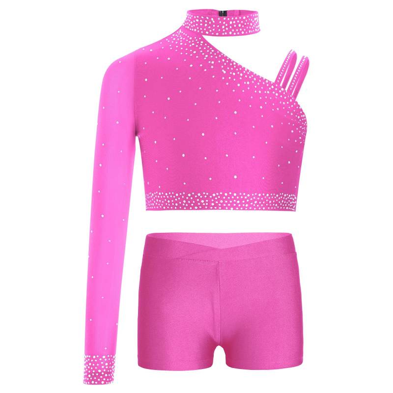 Mädchen Glitzerndes Tanztop Asymmetrisches Schulter Crop Top V-Ausschnitt Bund Shorts Strass Bühnenkostüm 11-12 Years heißes rosa von Joom DACH