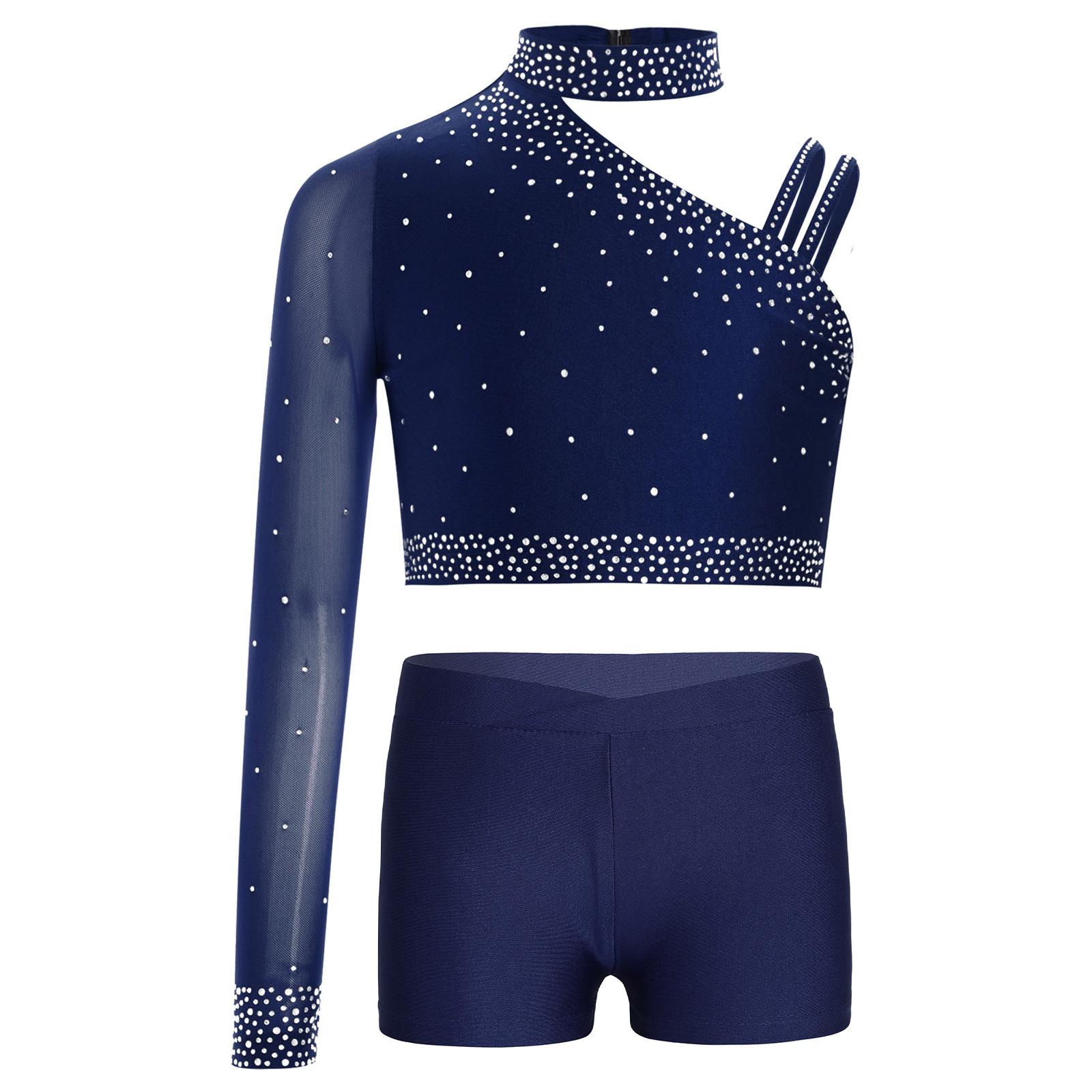 Mädchen Glitzerndes Tanztop Asymmetrisches Schulter Crop Top V-Ausschnitt Bund Shorts Strass Bühnenkostüm 13-14 Years von Joom DACH