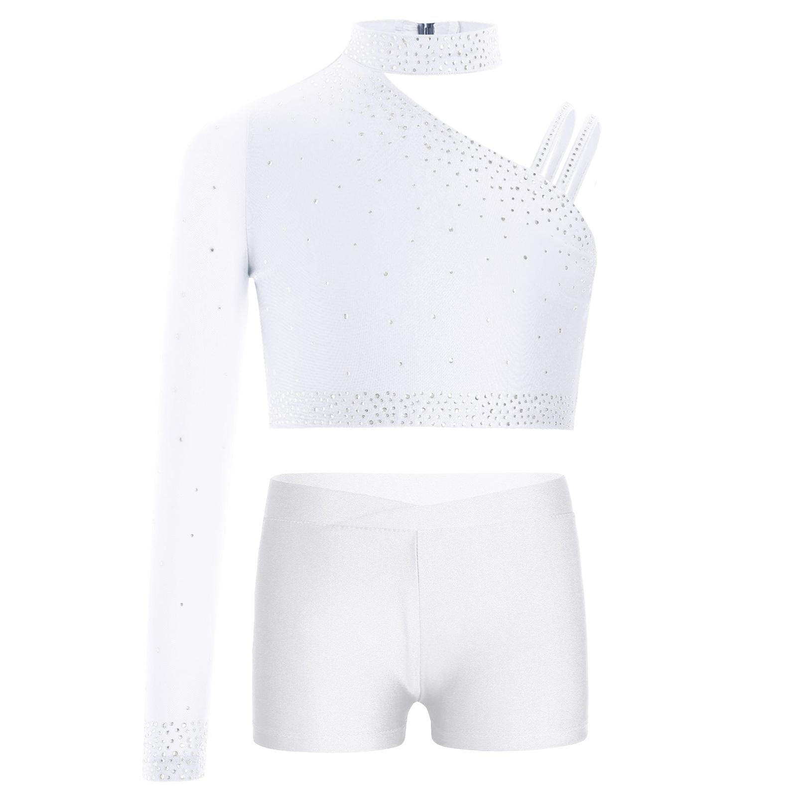 Mädchen Glitzerndes Tanztop Asymmetrisches Schulter Crop Top V-Ausschnitt Bund Shorts Strass Bühnenkostüm 13-14 Years von Joom DACH