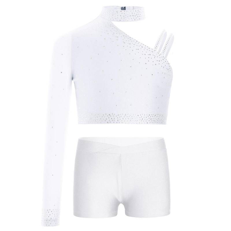 Mädchen Glitzerndes Tanztop Asymmetrisches Schulter Crop Top V-Ausschnitt Bund Shorts Strass Bühnenkostüm 13-14 Years von Joom DACH