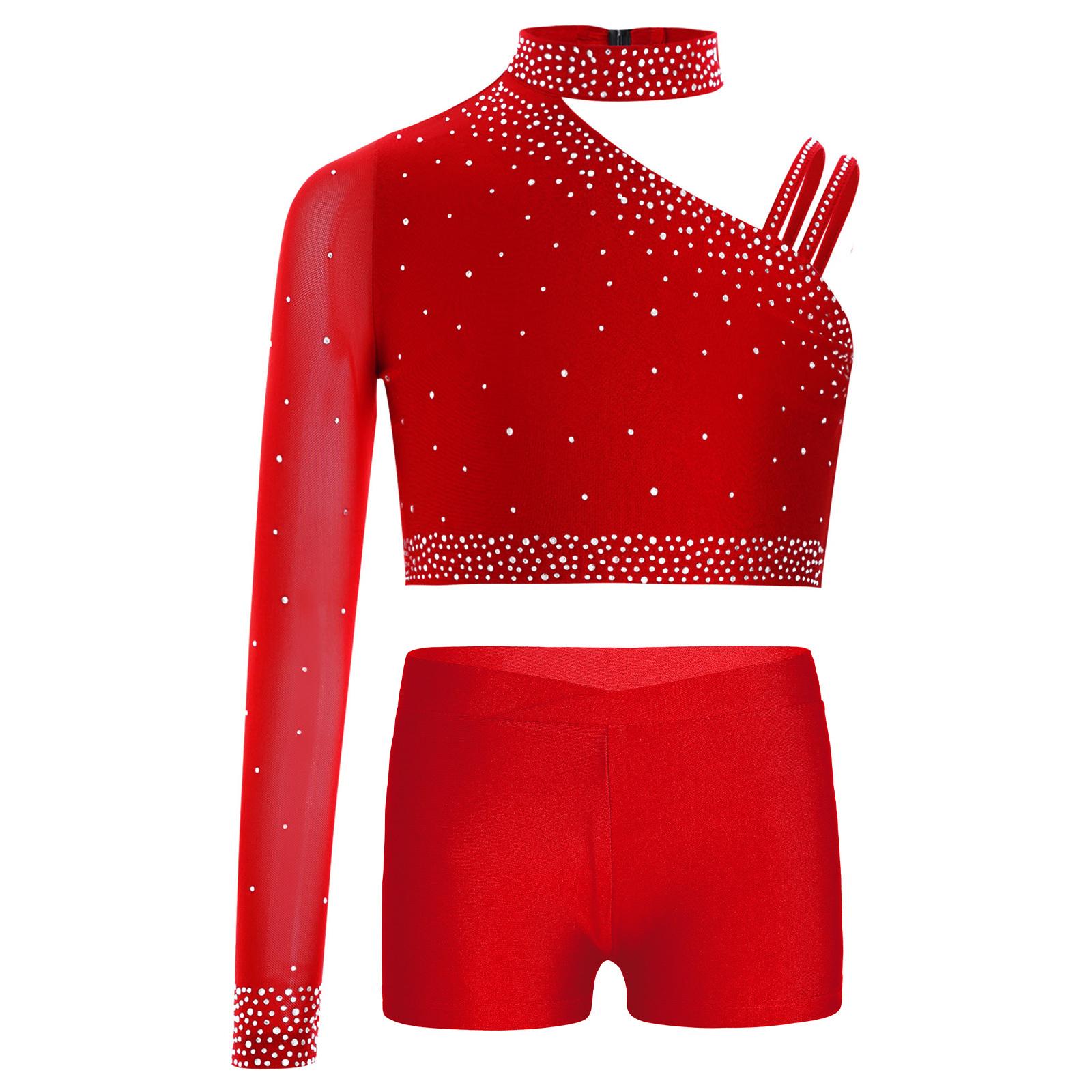 Mädchen Glitzerndes Tanztop Asymmetrisches Schulter Crop Top V-Ausschnitt Bund Shorts Strass Bühnenkostüm 13-14 Years rot von Joom DACH