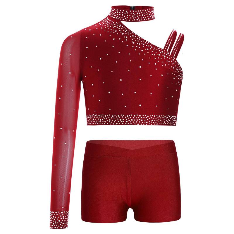 Mädchen Glitzerndes Tanztop Asymmetrisches Schulter Crop Top V-Ausschnitt Bund Shorts Strass Bühnenkostüm 15-16 Years bordeaux von Joom DACH