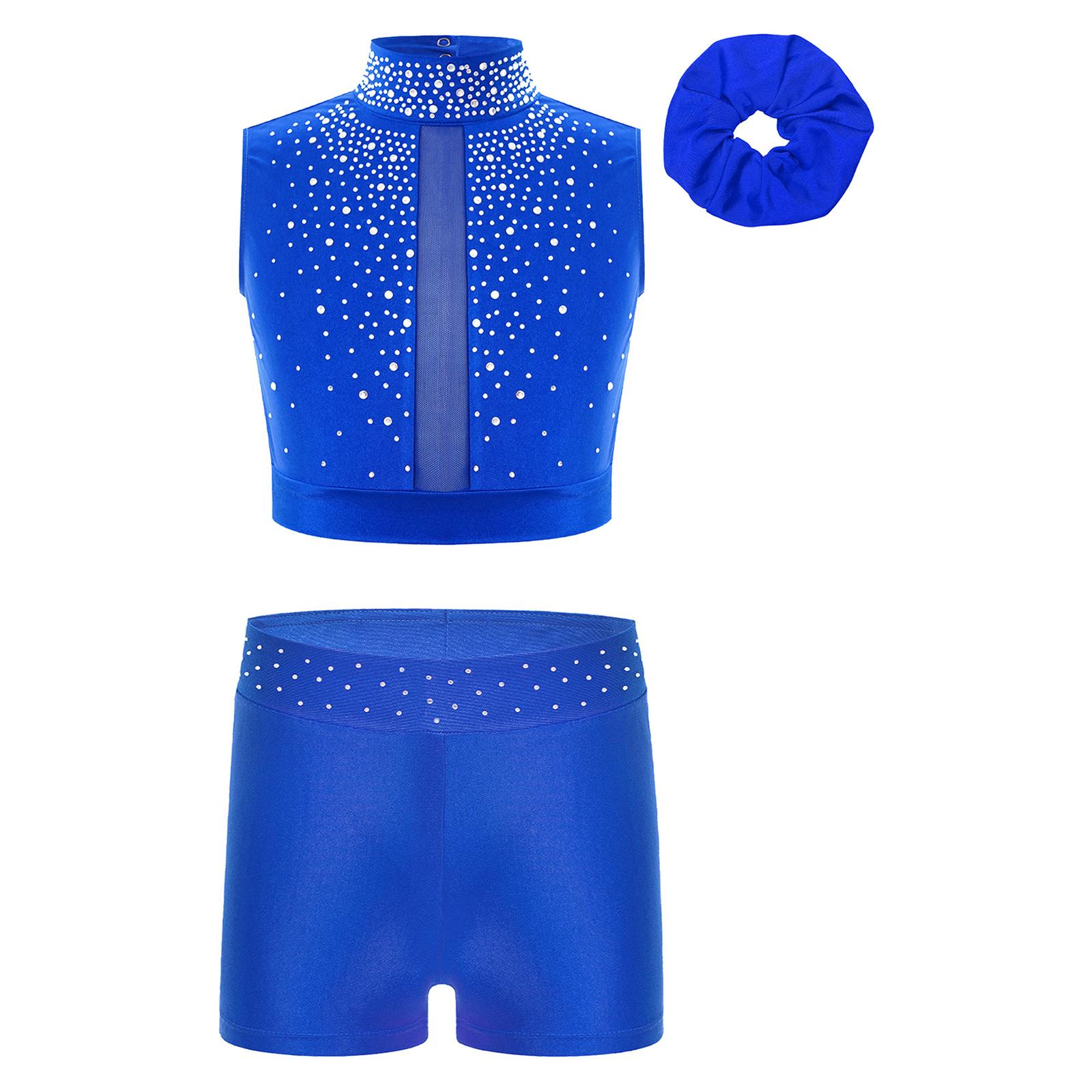 Mädchen Gymnastik Crop Top Stehkragen Ärmellos Schlüsselloch-Rücken Design mit Strass Taille Shorts Haarschmuck 11-12 Years blau von Joom DACH