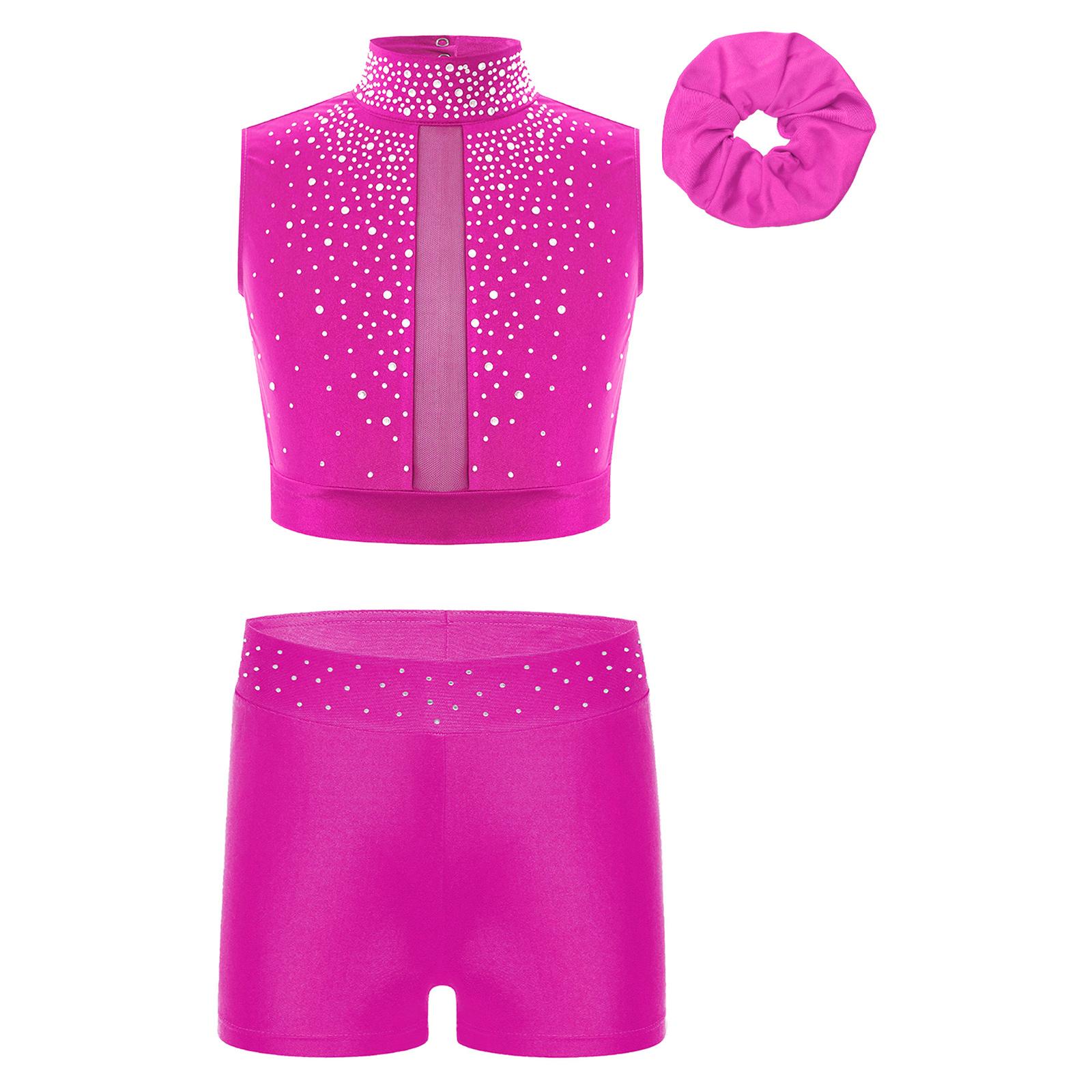 Mädchen Gymnastik Crop Top Stehkragen Ärmellos Schlüsselloch-Rücken Design mit Strass Taille Shorts Haarschmuck 11-12 Years heißes rosa von Joom DACH
