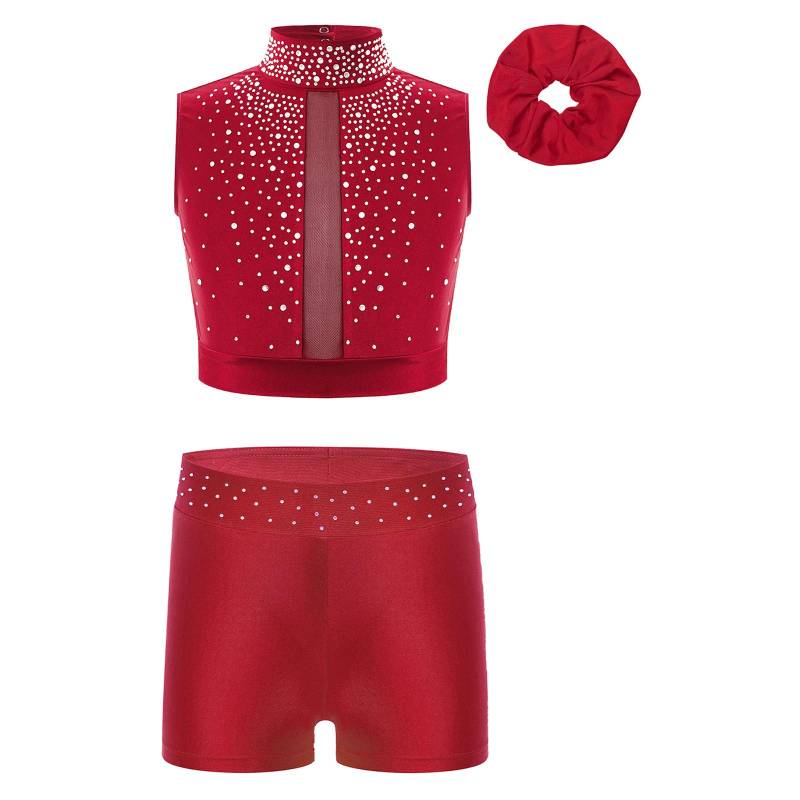 Mädchen Gymnastik Crop Top Stehkragen Ärmellos Schlüsselloch-Rücken Design mit Strass Taille Shorts Haarschmuck 11-12 Years von Joom DACH