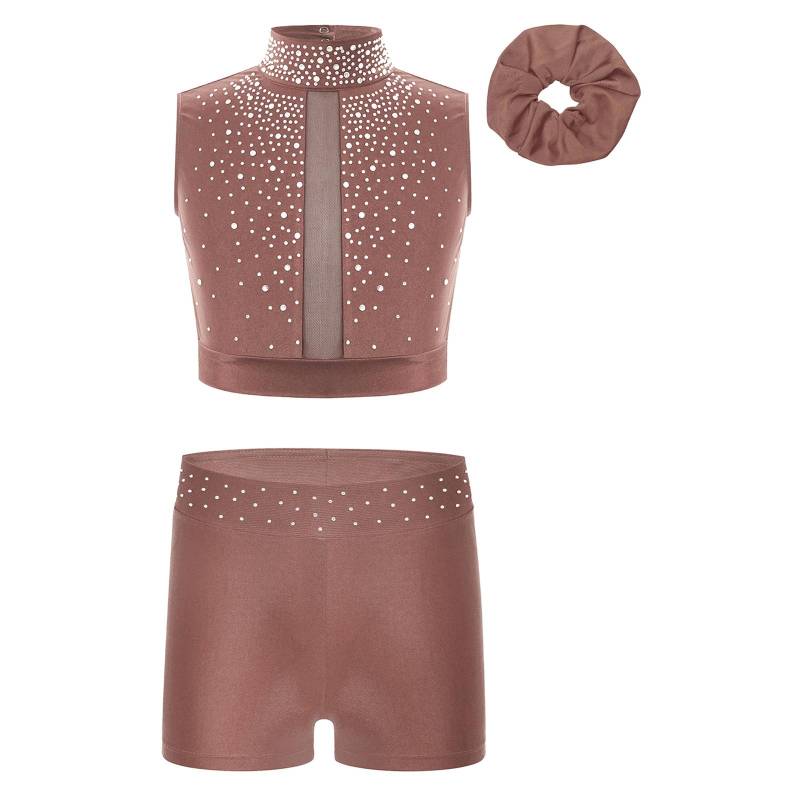 Mädchen Gymnastik Crop Top Stehkragen Ärmellos Schlüsselloch-Rücken Design mit Strass Taille Shorts Haarschmuck 13-14 Years rosa von Joom DACH