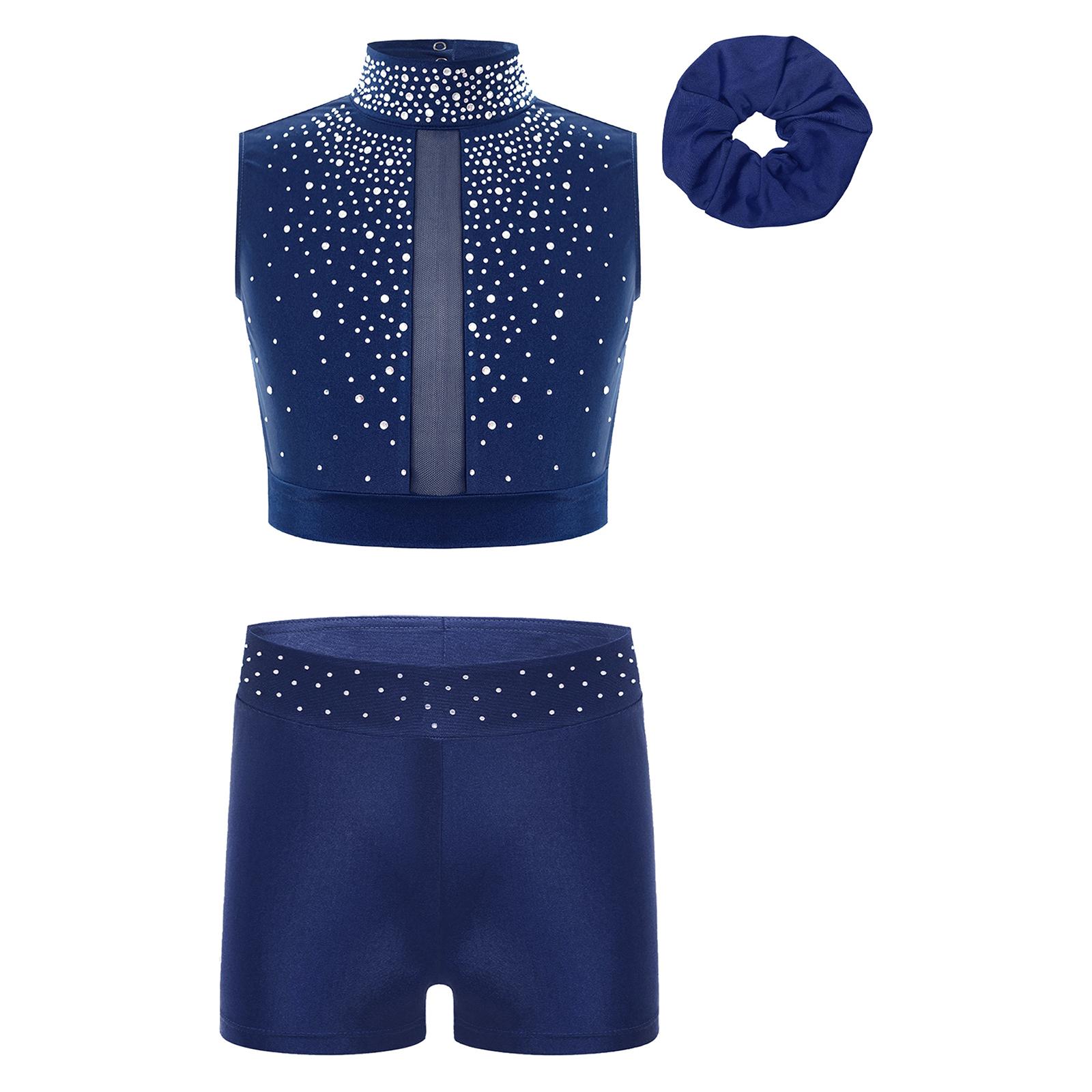 Mädchen Gymnastik Crop Top Stehkragen Ärmellos Schlüsselloch-Rücken Design mit Strass Taille Shorts Haarschmuck 7-8 Years von Joom DACH