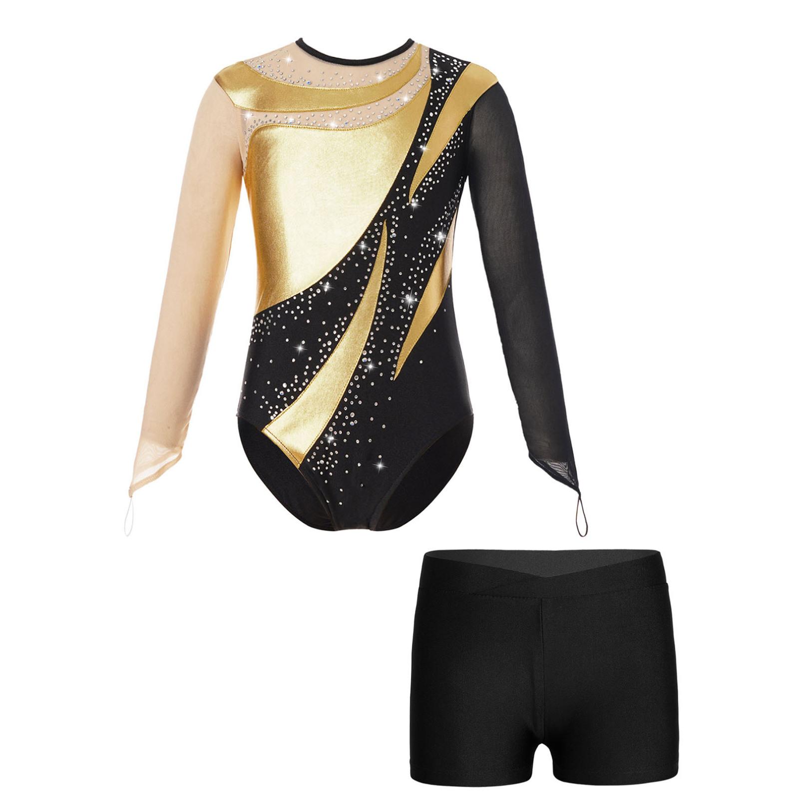 Mädchen-Gymnastik-Eiskunstlauf-Outfit, Patchwork-Trikot, langärmeliger Body mit Shorts, Tanzkostüm 11-12 Years gold/schwarz von Joom DACH