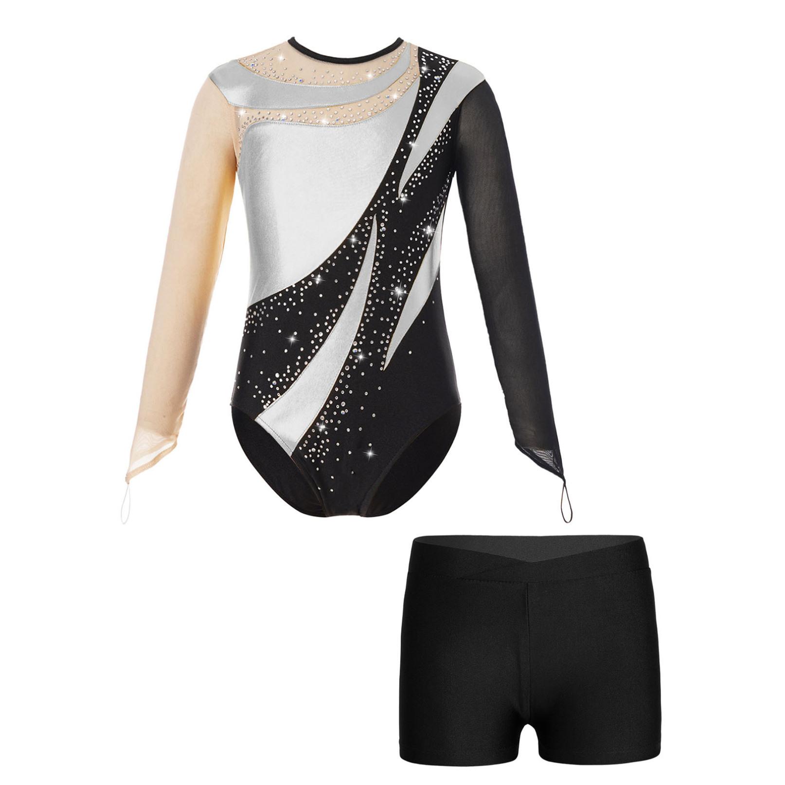 Mädchen-Gymnastik-Eiskunstlauf-Outfit, Patchwork-Trikot, langärmeliger Body mit Shorts, Tanzkostüm 7-8 Years schwarz/silber von Joom DACH