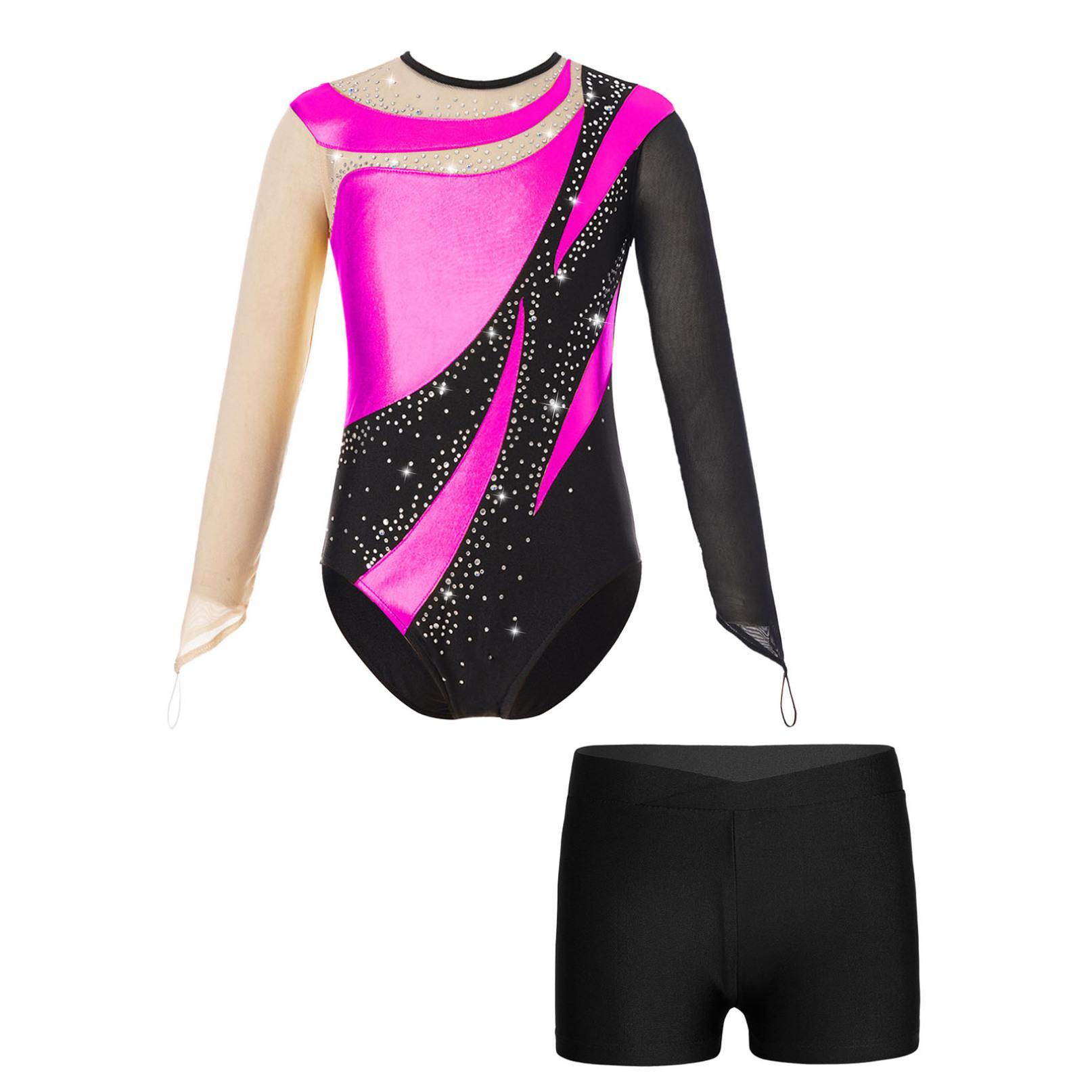 Mädchen-Gymnastik-Eiskunstlauf-Outfit, Patchwork-Trikot, langärmeliger Body mit Shorts, Tanzkostüm 13-14 Years von Joom DACH