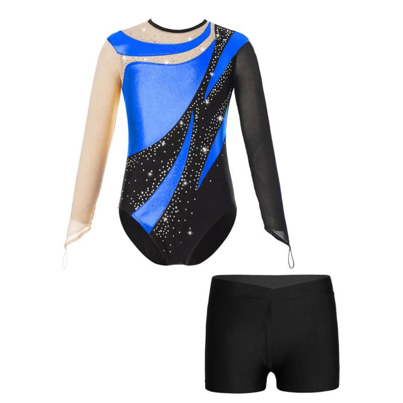 Mädchen-Gymnastik-Eiskunstlauf-Outfit, Patchwork-Trikot, langärmeliger Body mit Shorts, Tanzkostüm 13-14 Years von Joom DACH