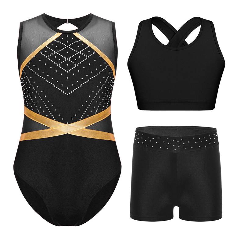 Mädchen Gymnastik Outfit 3-teiliges Set Patchwork Turnanzug Ärmellose Weste Überkreuzter Rücken Strass Shorts Kostüm 15-16 Years schwarz von Joom DACH