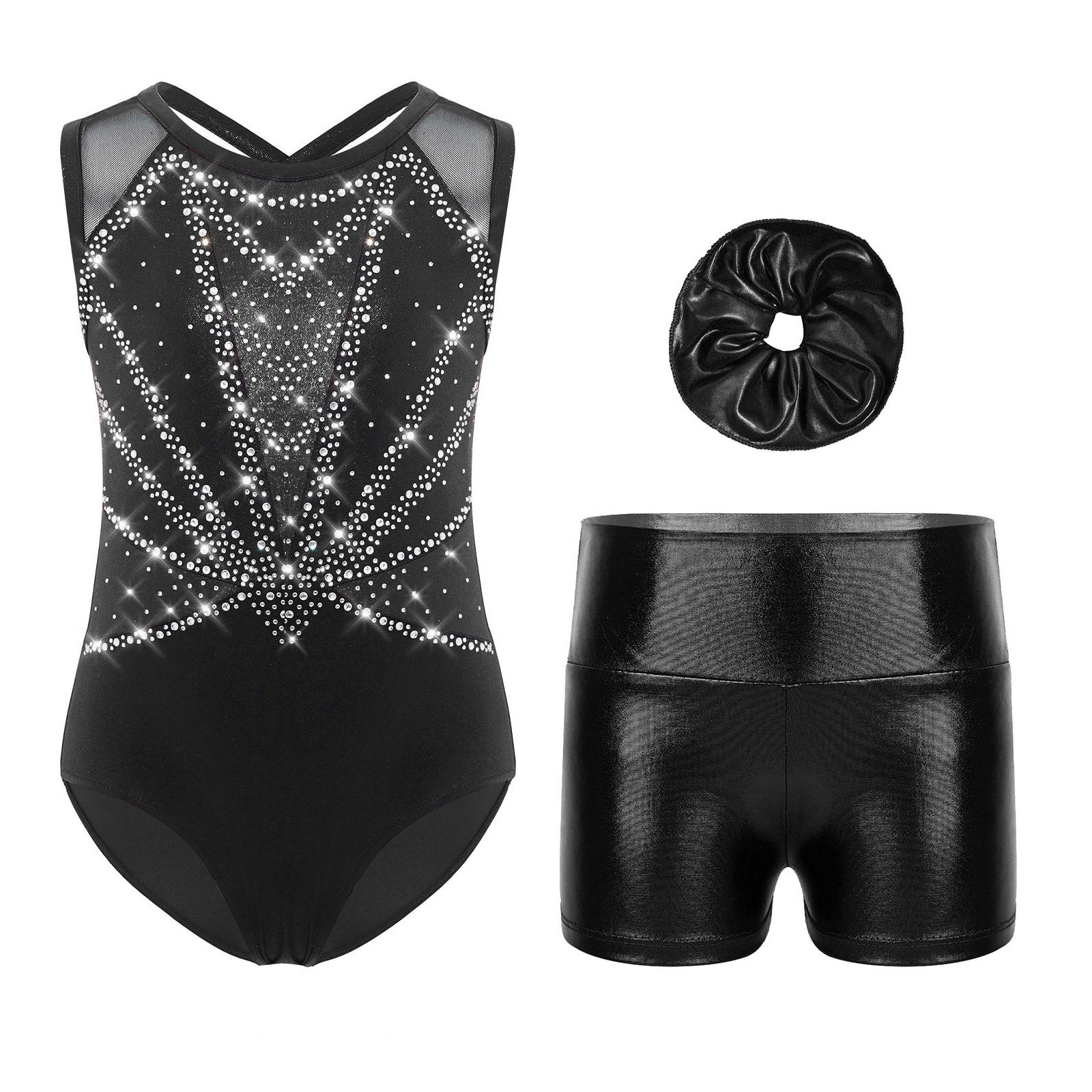 Mädchen Gymnastik Performance Set Colorblock Turnanzug Glitzernde Strasssteine Überkreuzter Rücken mit Metallic-Shorts Stirnband 11-12 Years silber/schwarz von Joom DACH