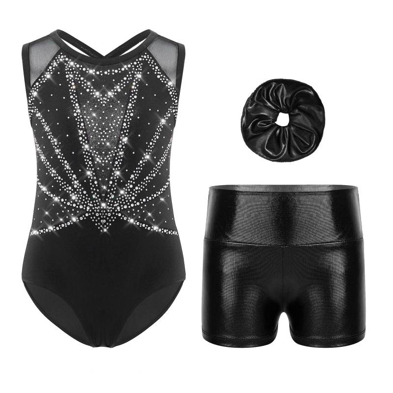 Mädchen Gymnastik Performance Set Colorblock Turnanzug Glitzernde Strasssteine Überkreuzter Rücken mit Metallic-Shorts Stirnband 11-12 Years silber/schwarz von Joom DACH